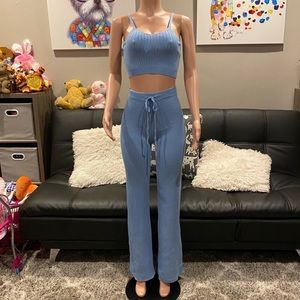 Two piece blue soft sweater knit flare pant set co ord two piece pant set